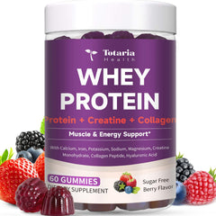Totaria 3-in-1 whey protein gummies berry bottle showing convenient post-workout fueling