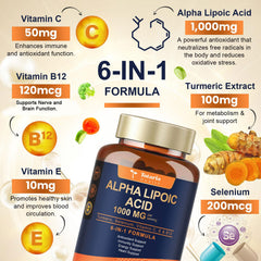 Totaria Alpha Lipoic Acid capsules closeup showing 1000 mg per serving for potent antioxidant support