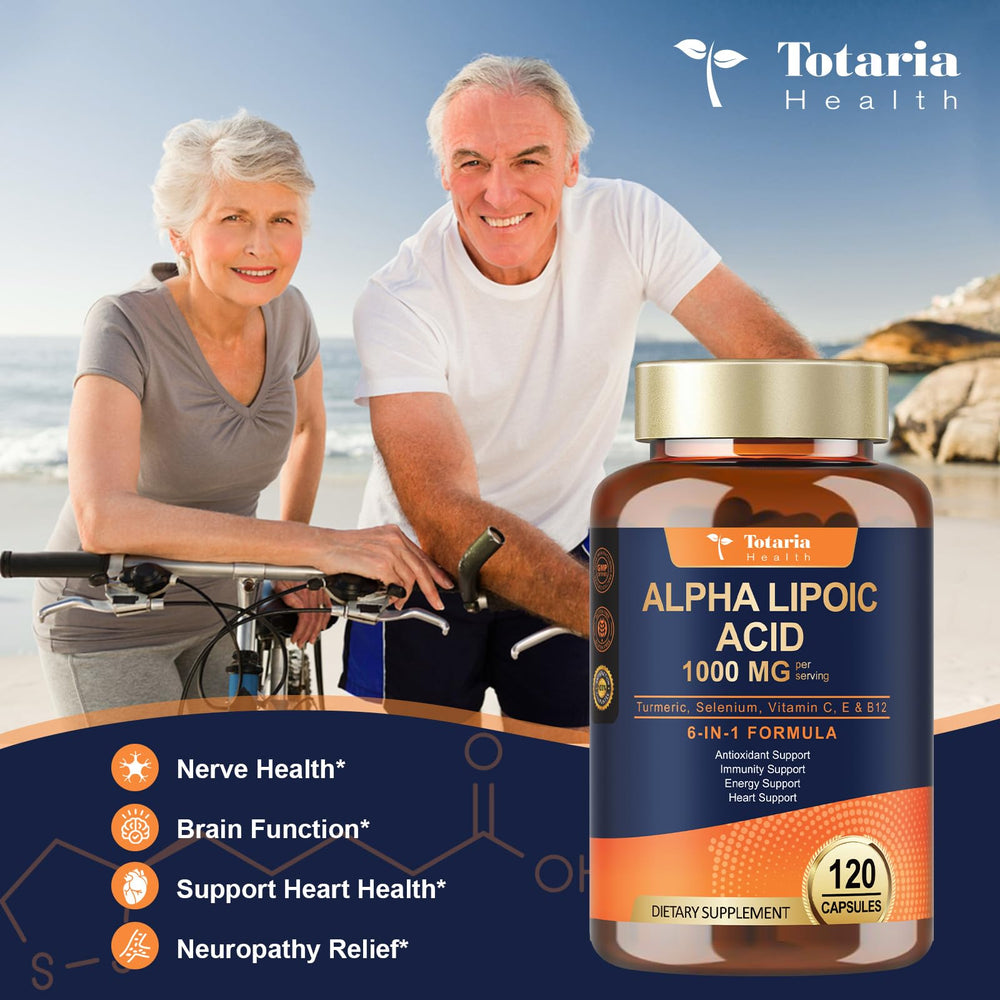 Totaria Alpha Lipoic Acid capsules pour image suggests simple daily two-capsule routine for wellness