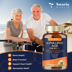 Totaria Alpha Lipoic Acid capsules pour image suggests simple daily two-capsule routine for wellness