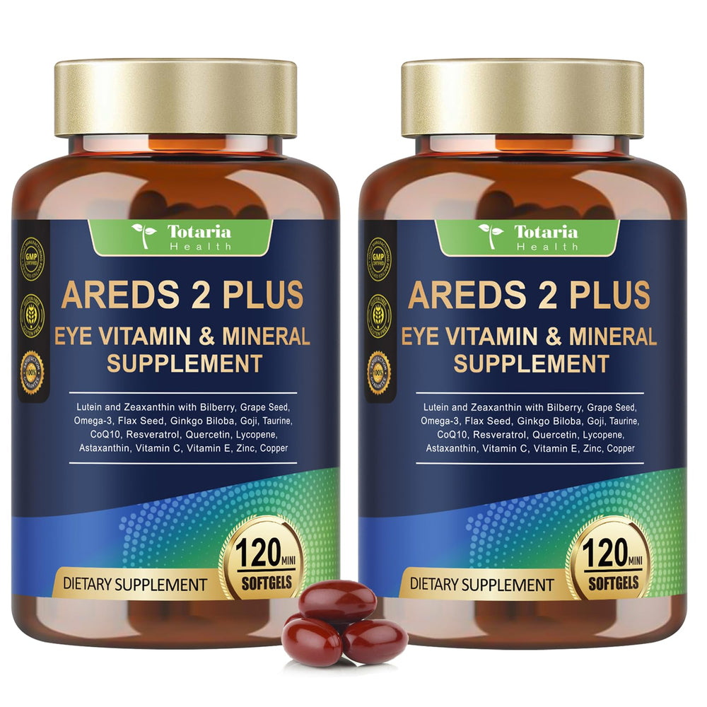 Totaria AREDS2 eye vitamins bottle front, highlighting macular support and hydration.