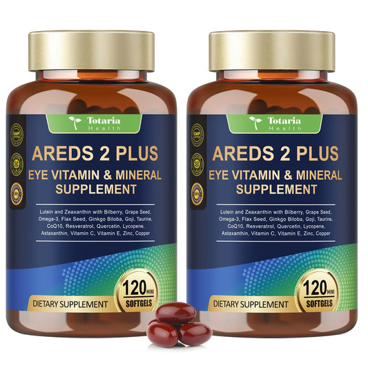 Totaria AREDS2 eye vitamins bottle front, highlighting macular support and hydration.