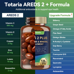 Totaria AREDS2 softgels close-up highlighting convenient daily eye health support.