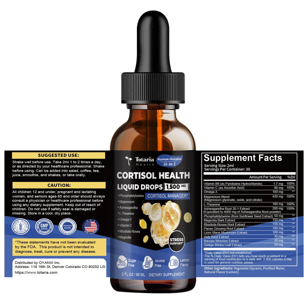 Totaria cortisol drops with glass of water for daily use.