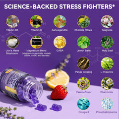 Totaria Cortisol Gummies label scan highlighting 20-in-1 formula for calm focus.