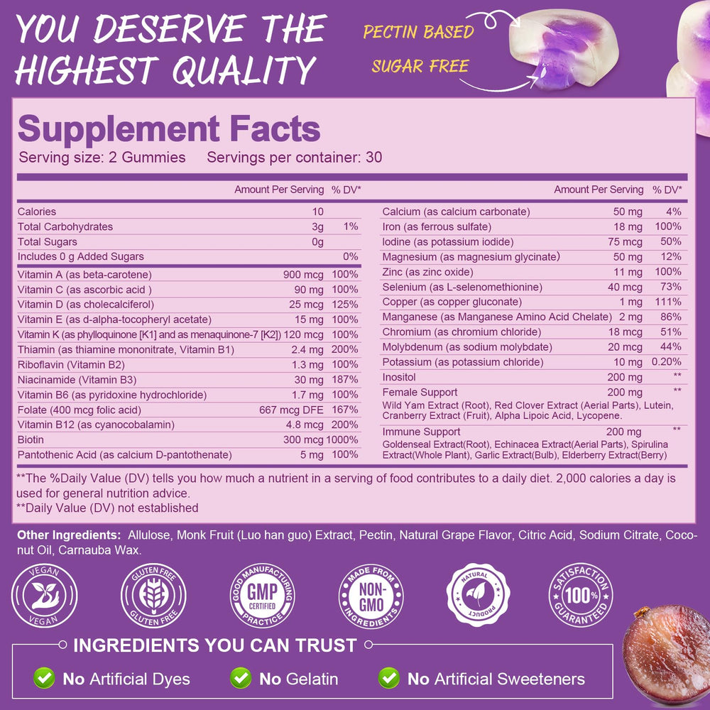 Totaria grape-flavored gummies with iron and zinc for energy and immune support.