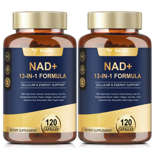 Totaria NAD bottle with 120 capsules, premium wellness supplement presentation