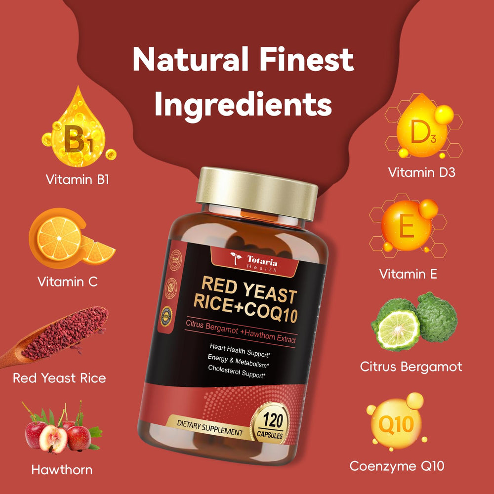 Totaria red yeast rice CoQ10 capsules closeup showing pill form.