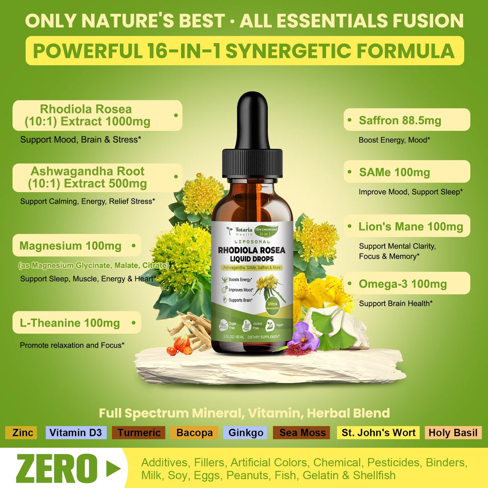 Totaria rhodiola ashwagandha tincture bottle blends adaptogens for calm focus.