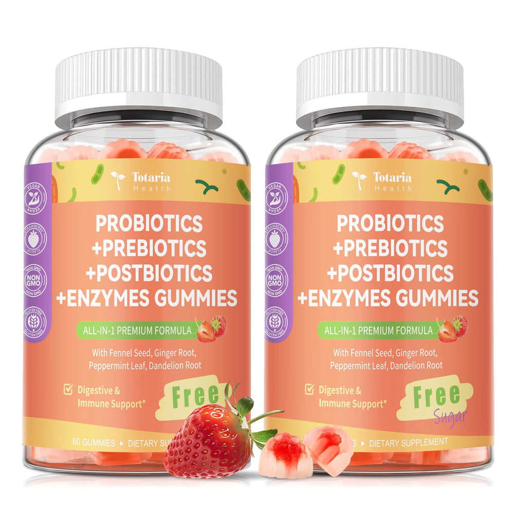 Totaria Sugar Free 5-in-1 gummy bottle highlighting convenient gut support.