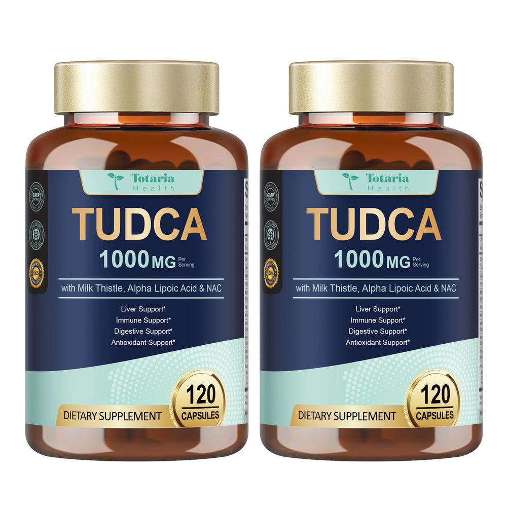 Totaria Tudca 1000mg liver support bottle with capsules for daily use.