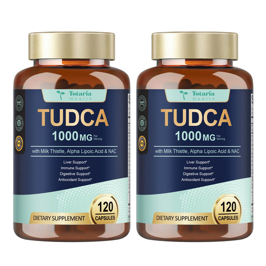 Totaria Tudca 1000mg liver support bottle with capsules for daily use.