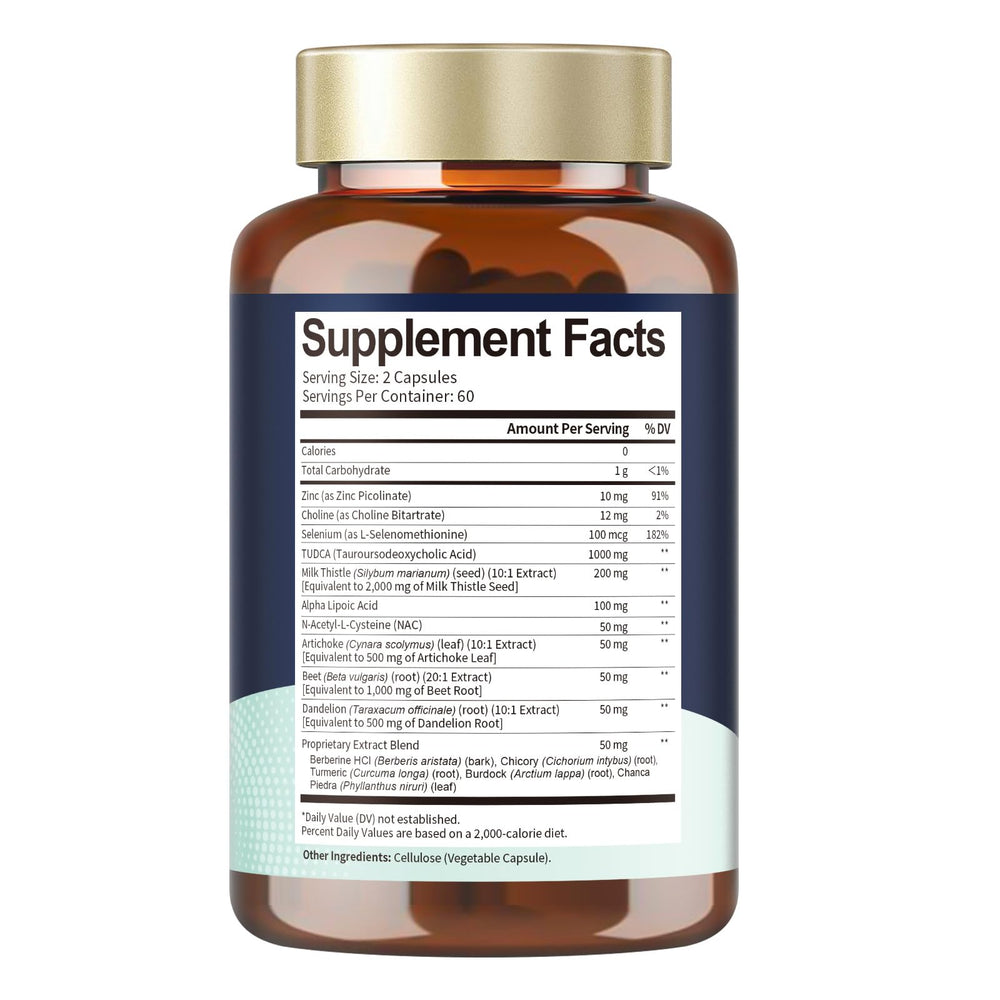 Totaria Tudca bottle pouring illustrating simple two-capsule daily dose.
