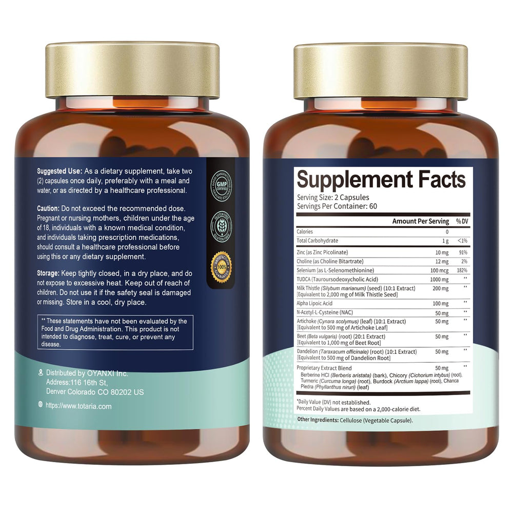 Totaria Tudca label highlights Milk Thistle and NAC for herbal liver support use.