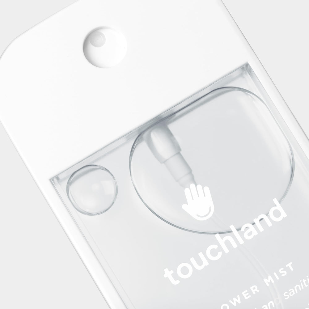 Touchland dermatologist-tested, vegan, cruelty-free sanitizer badge – ethical choice.