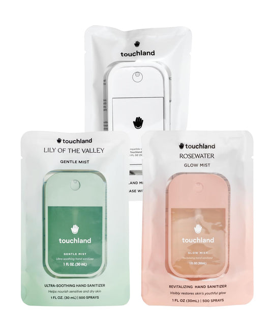 Touchland Glow Mist bottle on-the-go sanitizing with subtle Lily of the Valley fragrance.