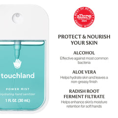 Touchland hand sanitizer spray in action shows easy one‑handed use.