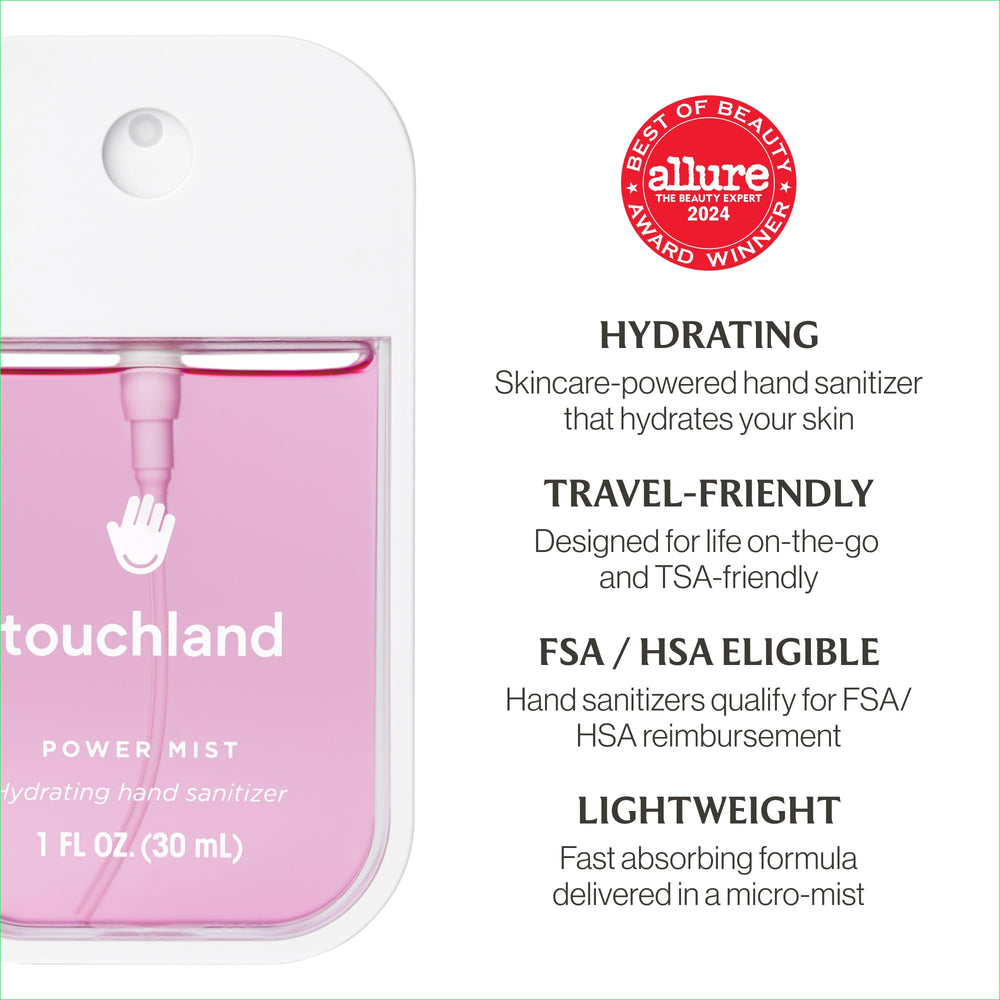 Touchland JUICY 5 Set Hands using spray bottle, fast-drying sanitizing mist.