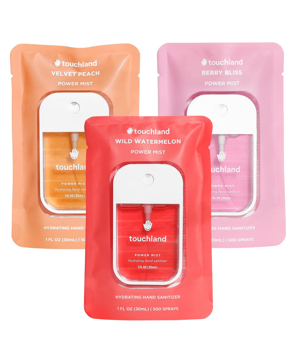 Touchland Juicy Trio Watermelon bottle demonstrates hydrating sanitizer for daily use.