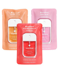 Touchland Juicy Trio Watermelon bottle demonstrates hydrating sanitizer for daily use.