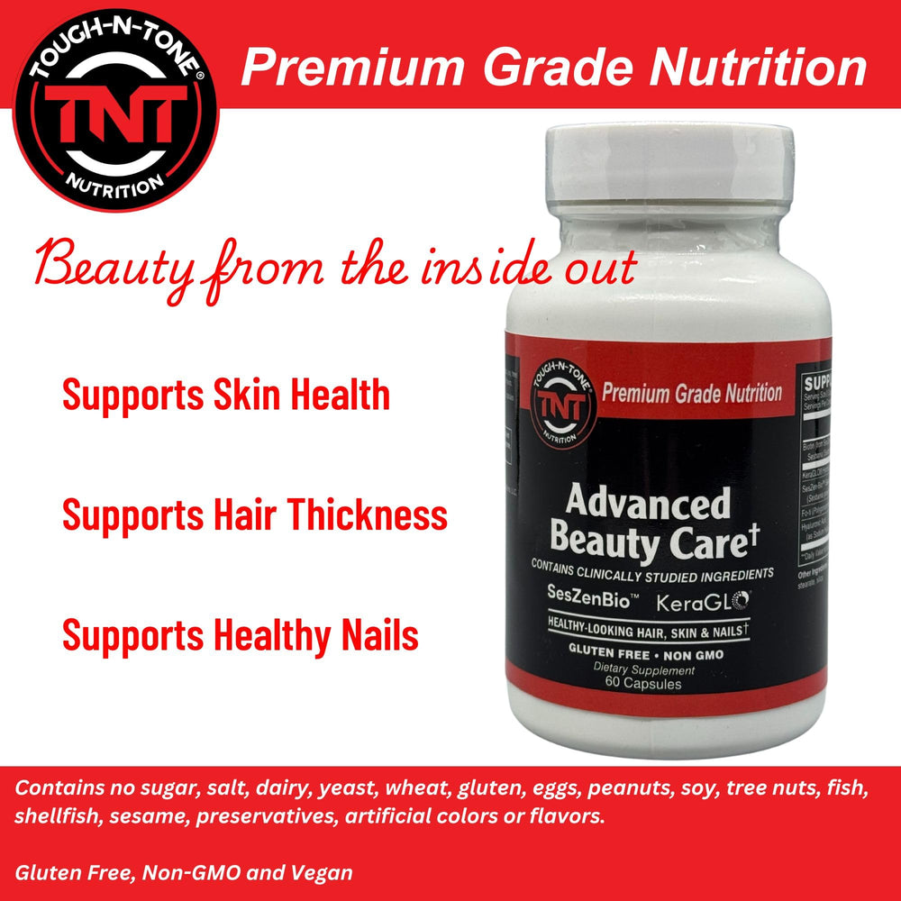 TOUGH-N-TONE Advanced Beauty Care label-detail notes non-GMO and gluten-free ingredients.