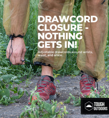 Tough Outdoors Mosquito Suit packable pouch for easy storage on trails.