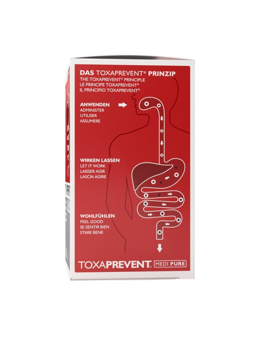 Packaging of Toxaprevent MEDI PURE shows vegan-friendly detox support for daily use