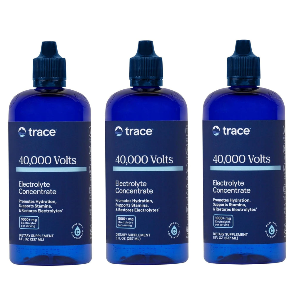 Trace Minerals 40,000 Volts bottle being poured for hydration.