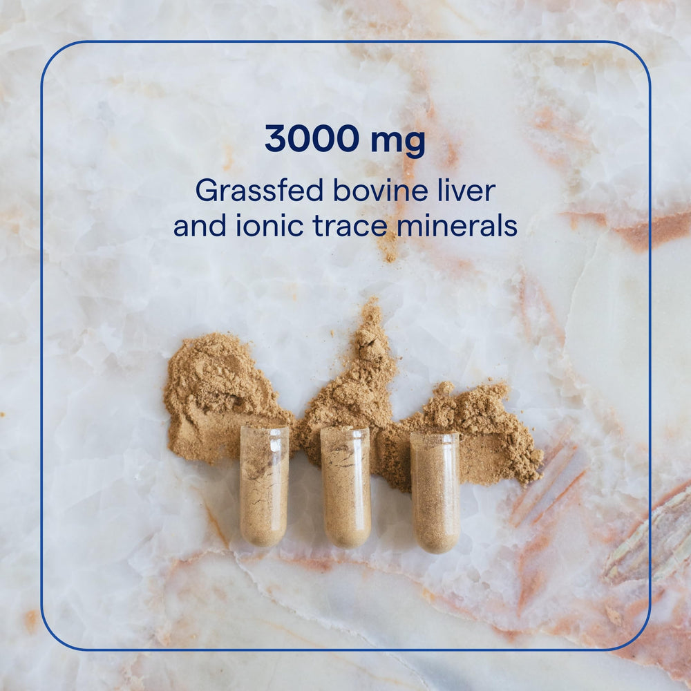 Trace Minerals Beef Liver close-up of six capsules for vitality.