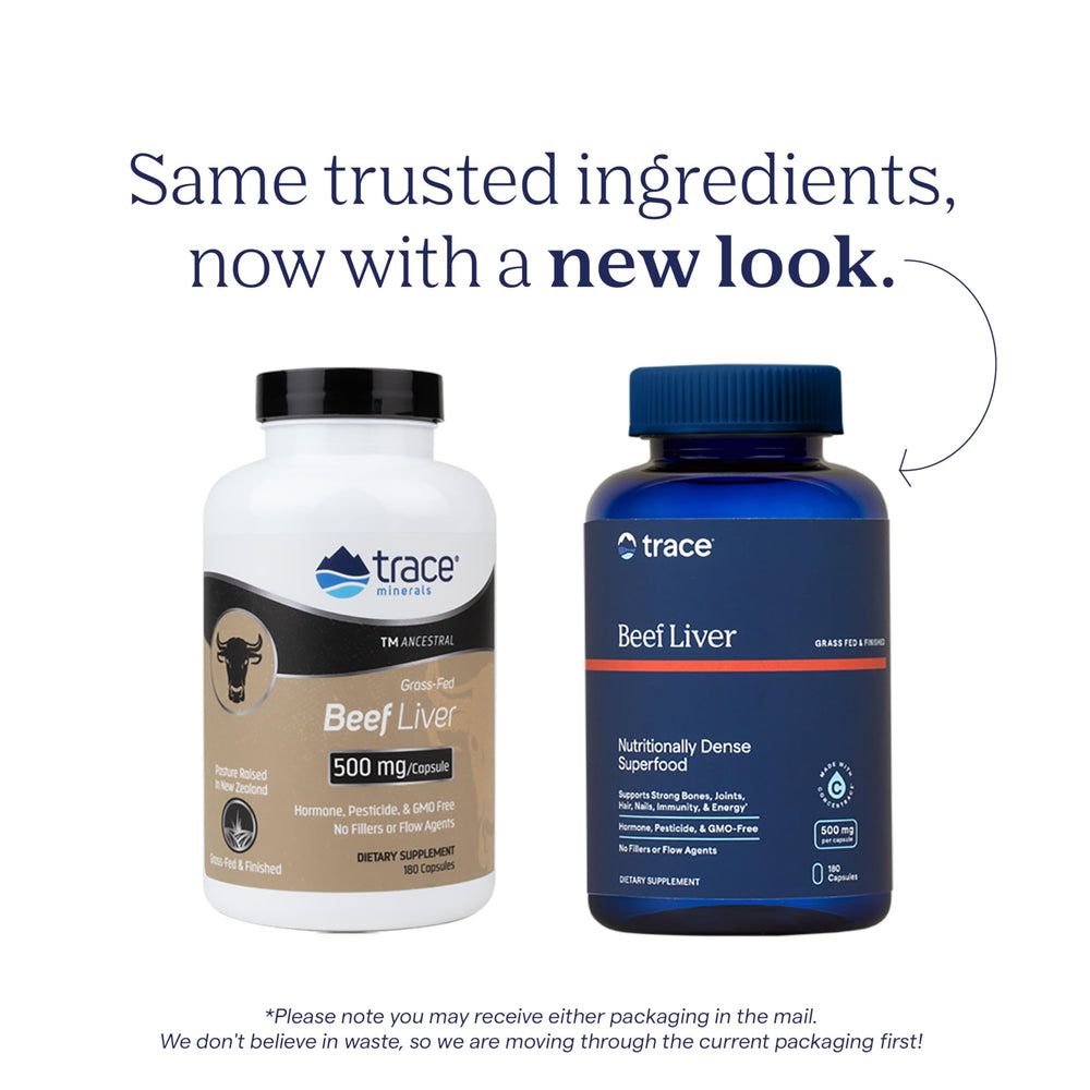 Trace Minerals Beef Liver label detail highlighting 500 mg per capsule.