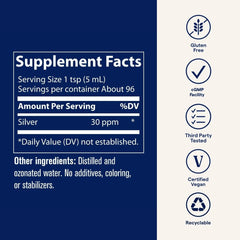 Trace Minerals Colloidal Silver vegan gluten-free symbol on label appeals to dietary needs.