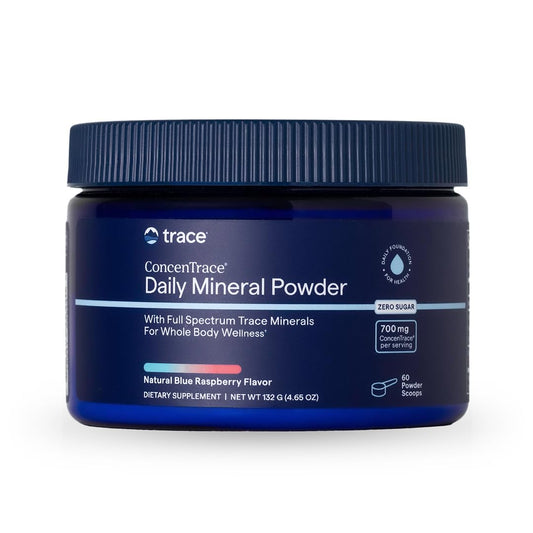 Trace Minerals ConcenTrace Daily Mineral Powder bottle showing full mineral profile for daily hydration.