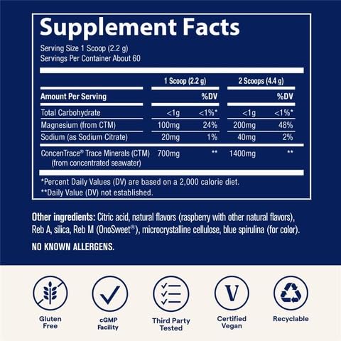 Trace Minerals ConcenTrace Daily Mineral Powder packaging emphasizes sustainable sourcing.