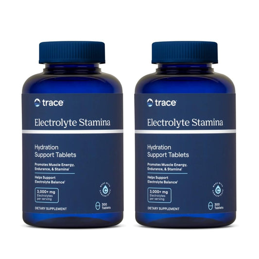 Trace Minerals Electrolyte Stamina bottle with label visible, vegan and gluten-free hydration support.