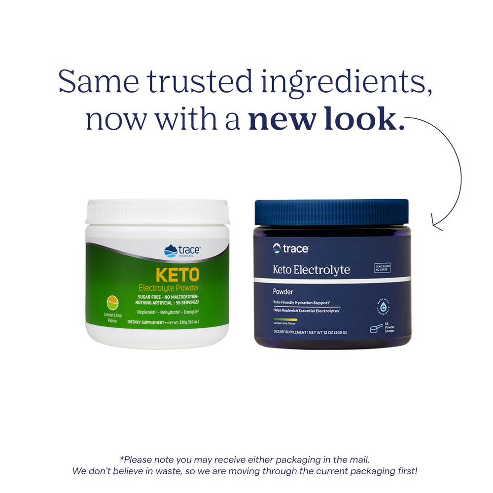 Trace Minerals Keto Electrolyte powder glass shows zero-sugar hydration for workouts.