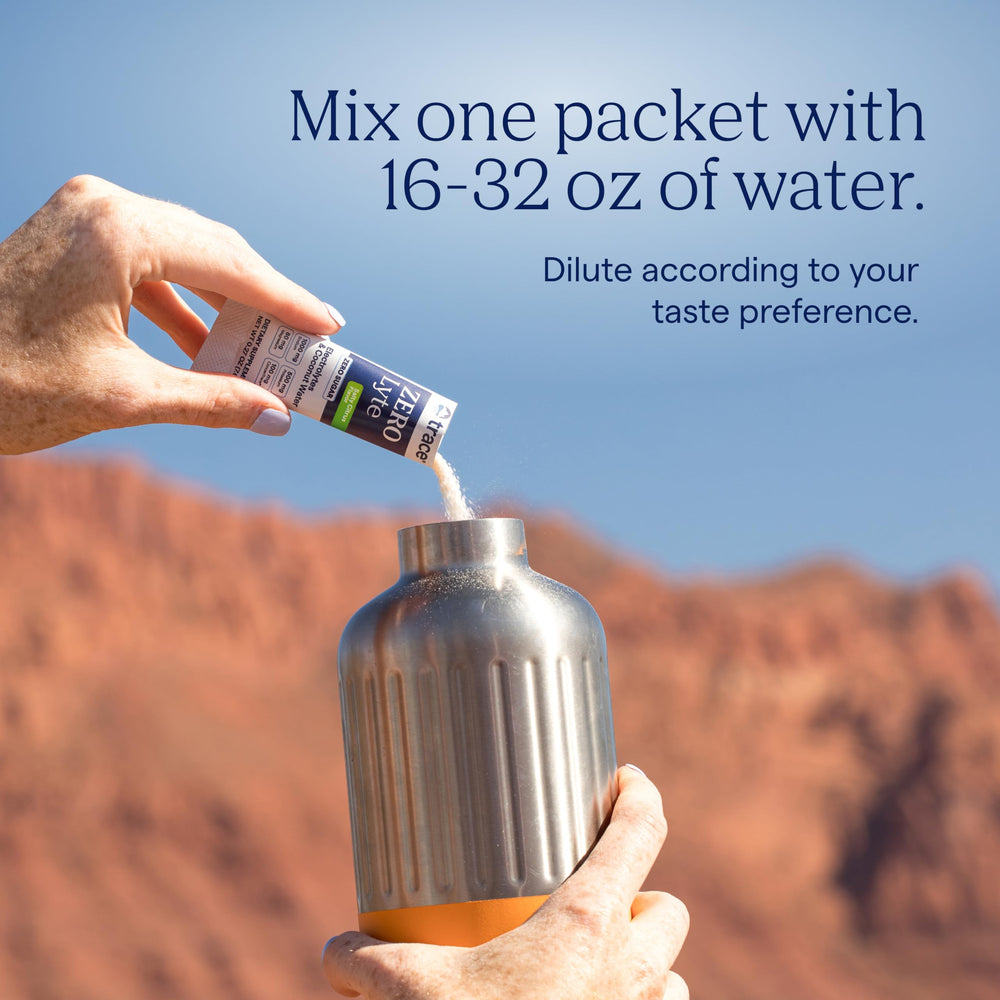 Trace Minerals ZeroLyte canister open with scoop and powder mix visible.