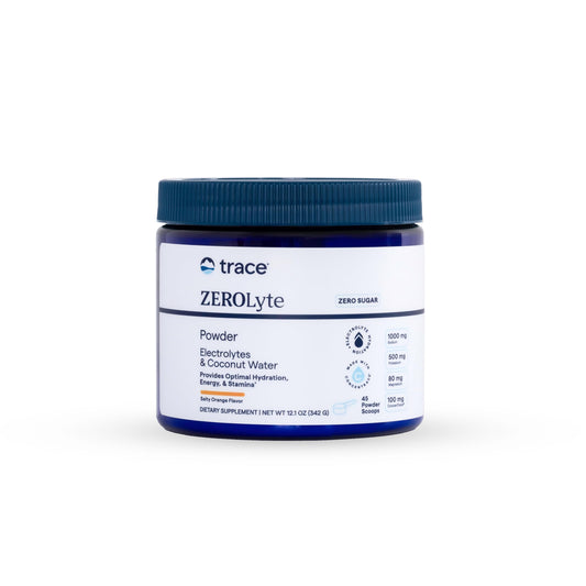 Trace Minerals Zerolyte salty orange bottle highlighting hydration and mineral blend for active days.