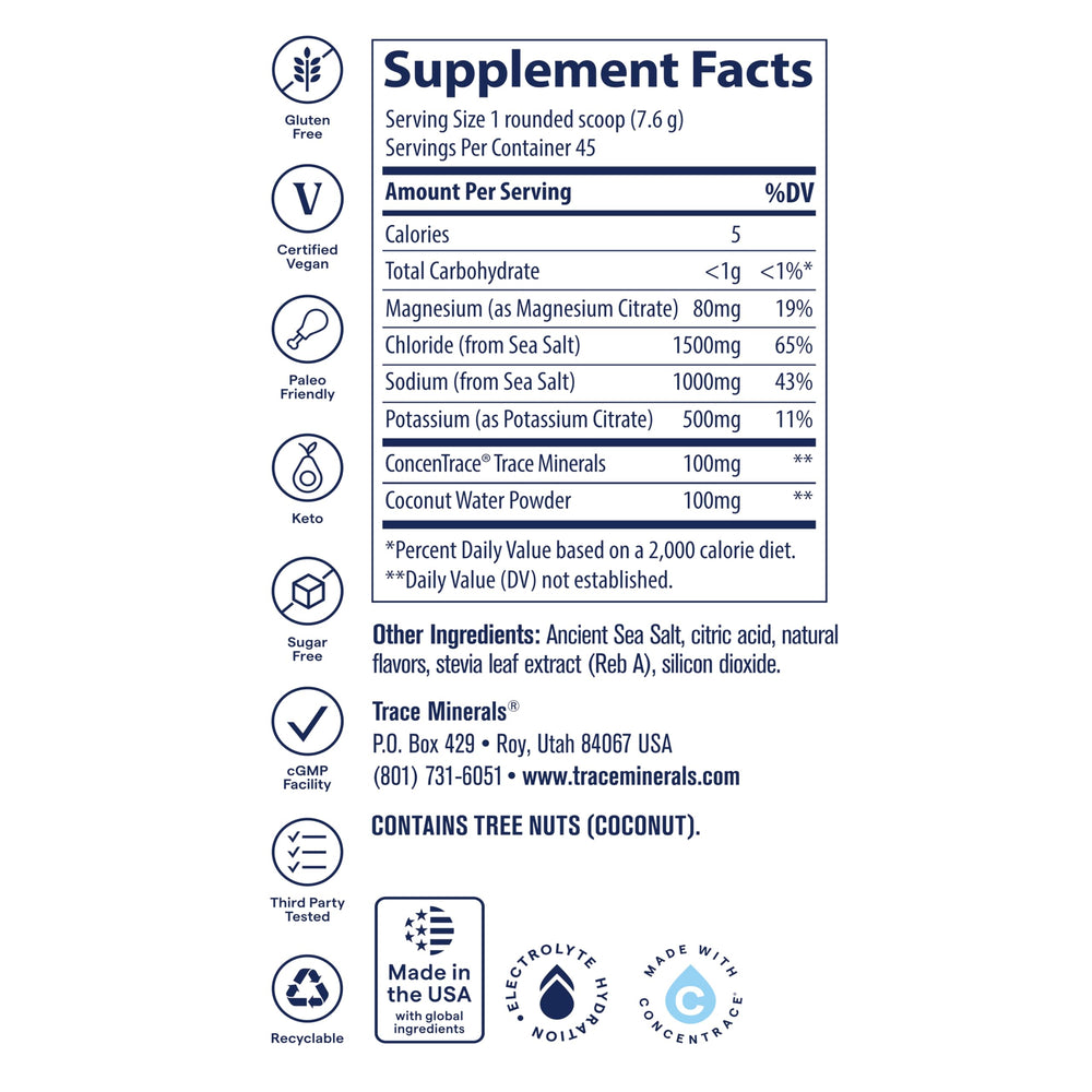 Trace Minerals Zerolyte salty orange packet shows convenient single-serving on-the-go hydration.