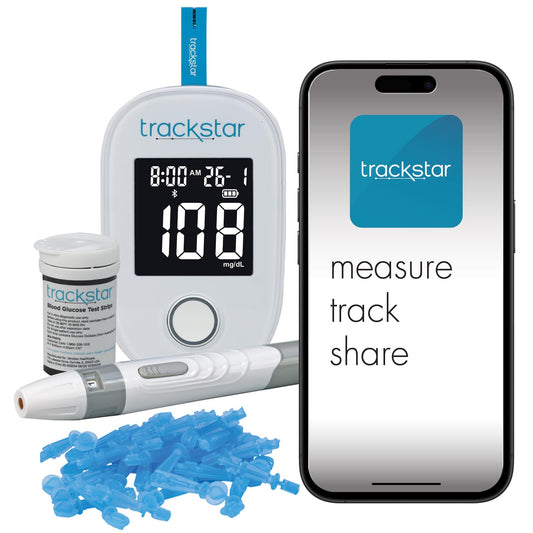 Trackstar blood glucose monitor front view showing compact device design for home use