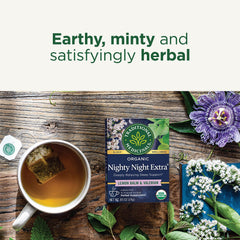 Steaming cup of Traditional Medicinals Nighty Night Extra signaling relaxation.