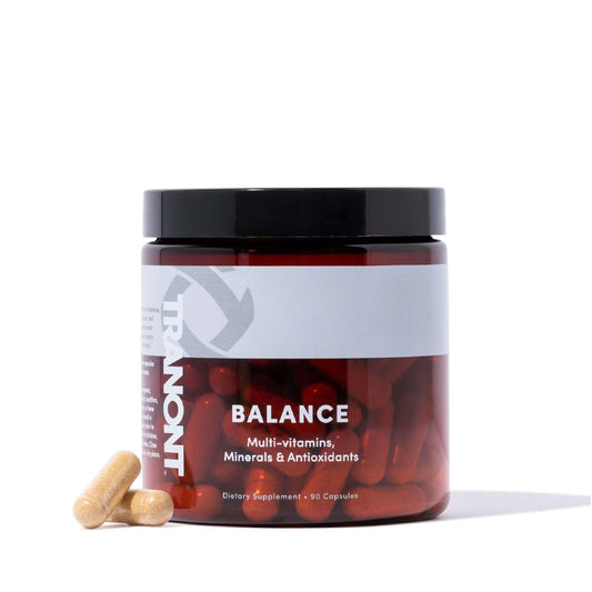 Tranont Balance bottle front with capsules signaling daily immune support and energy.