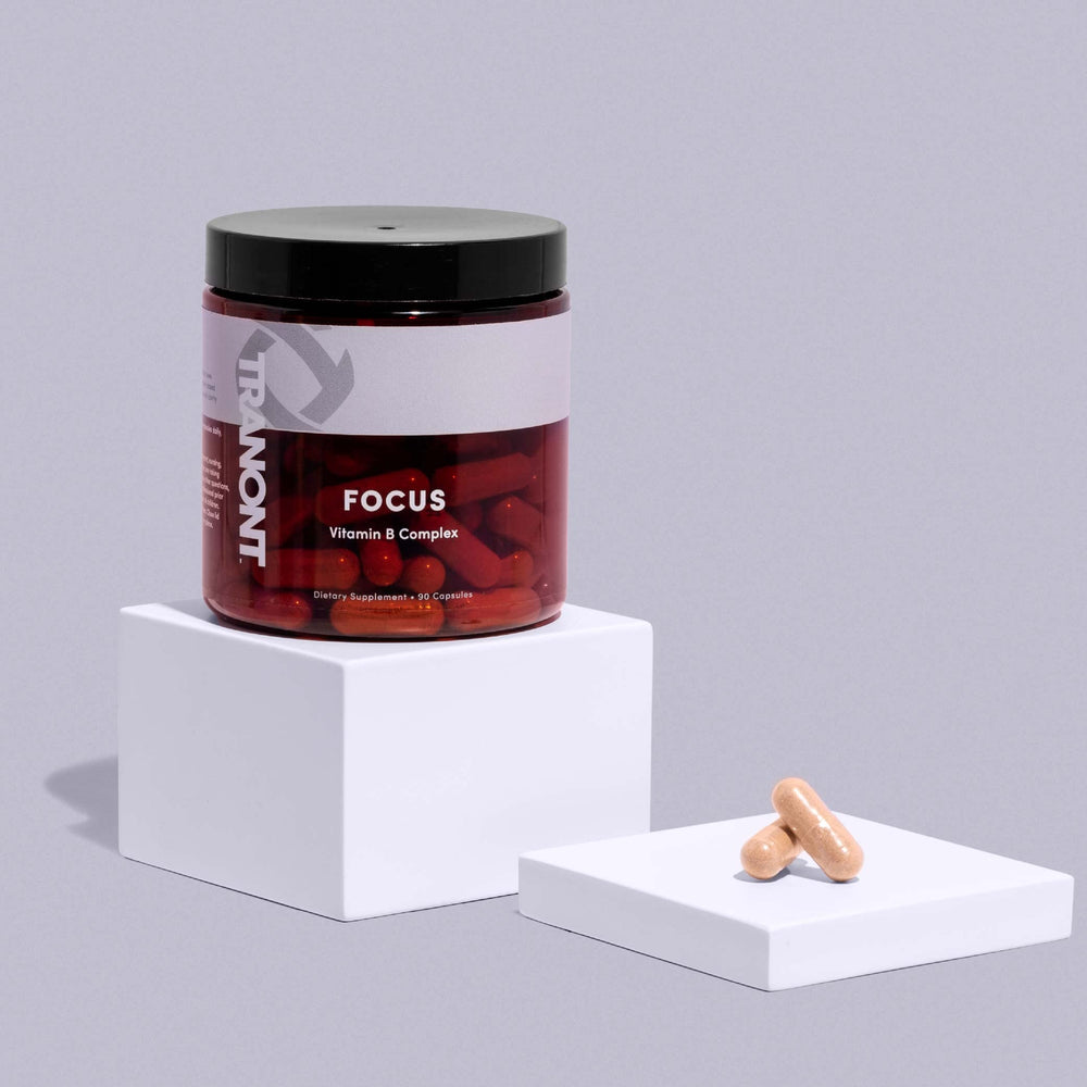 Tranont Focus B Complex vegan gluten-free packaging communicates inclusive use for plant-based shoppers.