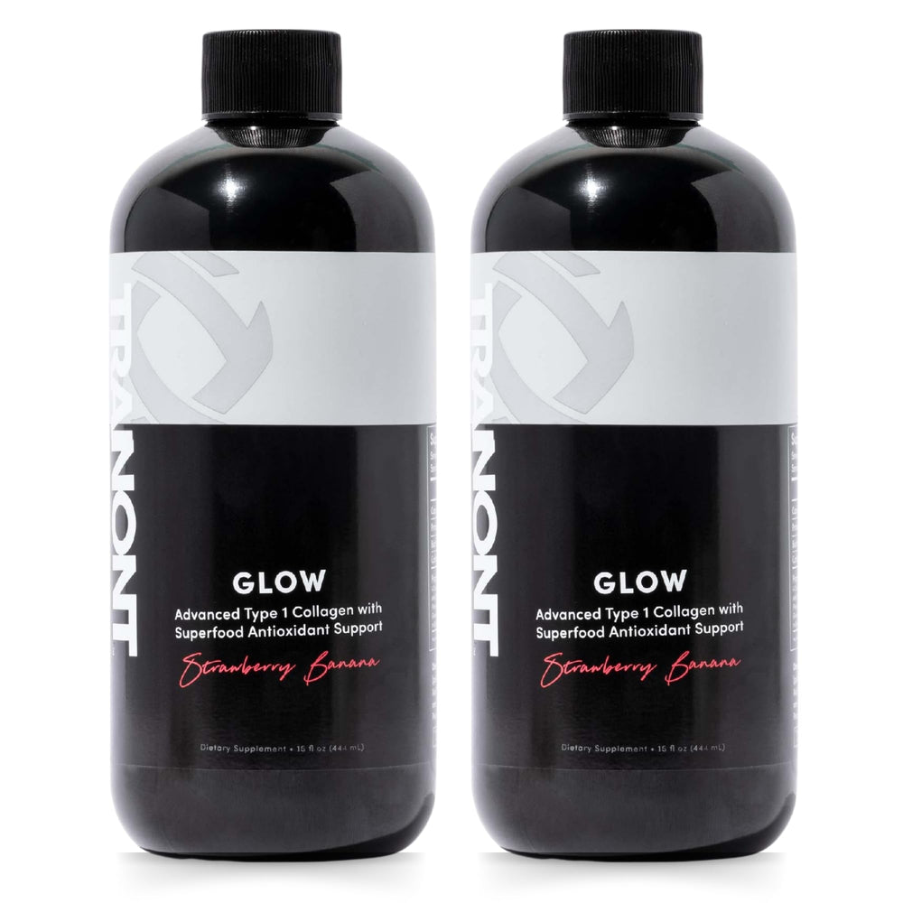 Tranont Glow strawberry banana bottle front showing antioxidant-rich formula