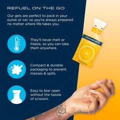 Transcend Orange Gels portable 1.1 oz size fits in a pocket for on-the-go fueling.