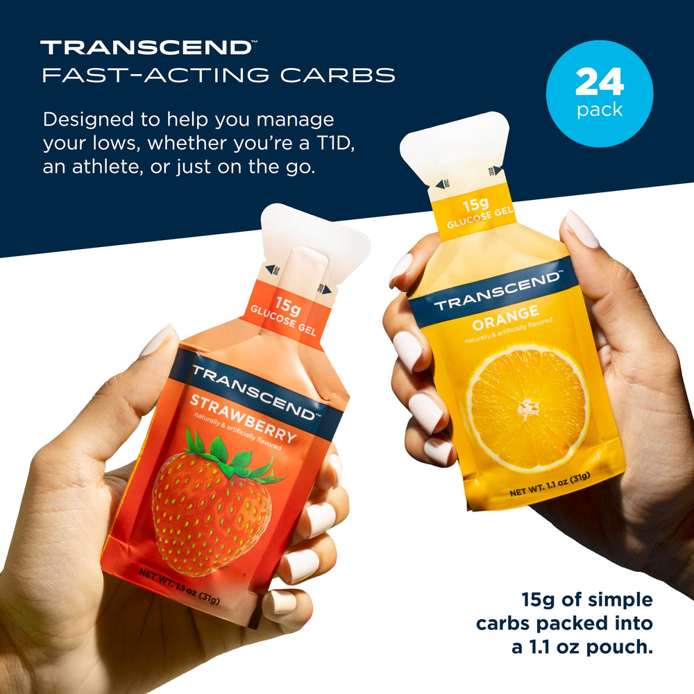 Transcend Strawberry + Orange Gels pack back showing gluten-free and caffeine-free features.
