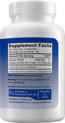 Transfer Point beta glucan capsule close-up showing 500 mg strength.