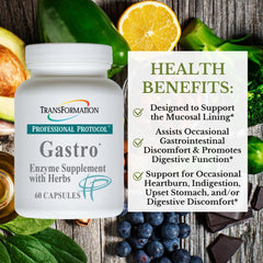 TRANSFORMATION Genesis Gastro Enzyme capsules closeup support protein and fat digestion.