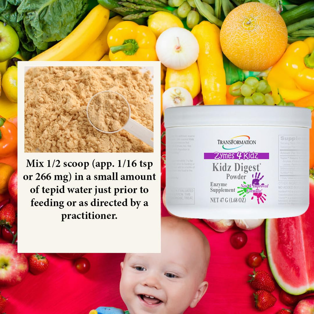 Transformation Kidz Digest powder scoop beside a cup for easy pre-feeding mix.
