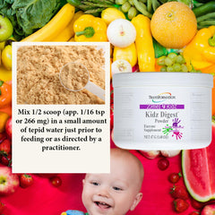 Transformation Kidz Digest powder scoop beside a cup for easy pre-feeding mix.
