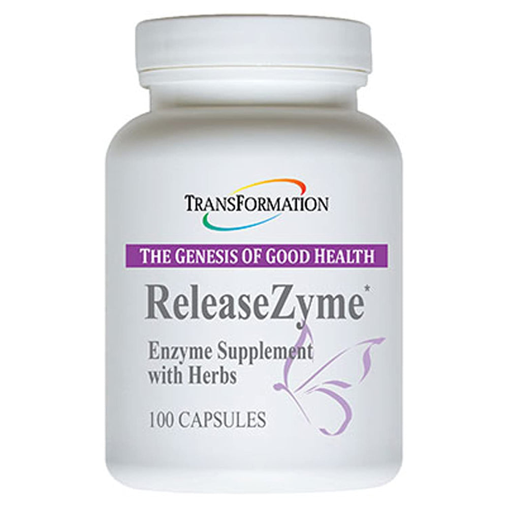 TRANSFORMATION ReleaseZyme bottle front shows herbal enzyme formula for digestion.